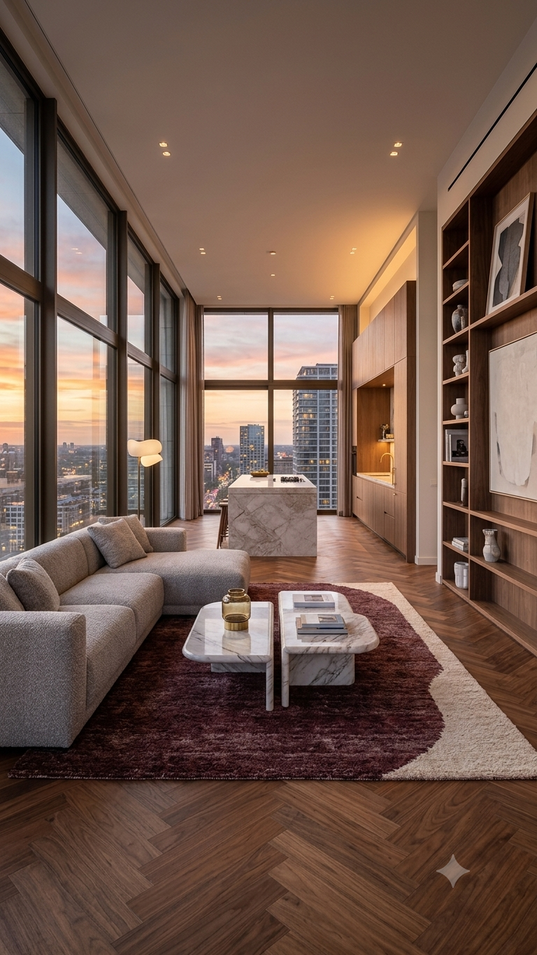 Premium penthouse living room at sunset
